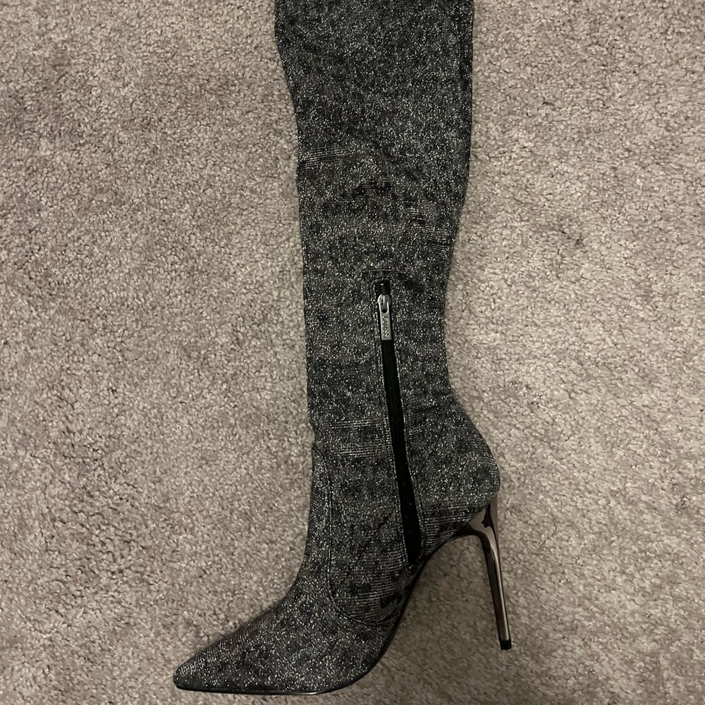 ✨😍Brand New, Never Worn Guess Silver Multi Fabric Thigh High Boot is in 😍✨